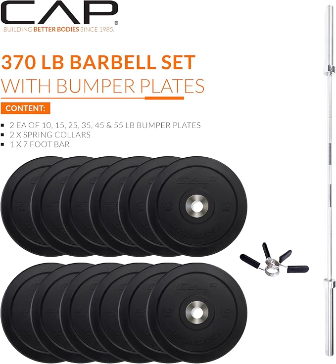 CAP Barbell Olympic Weight Set with 7ft Barbell & Bumper Plates | 160-370 lbs | Multiple Options