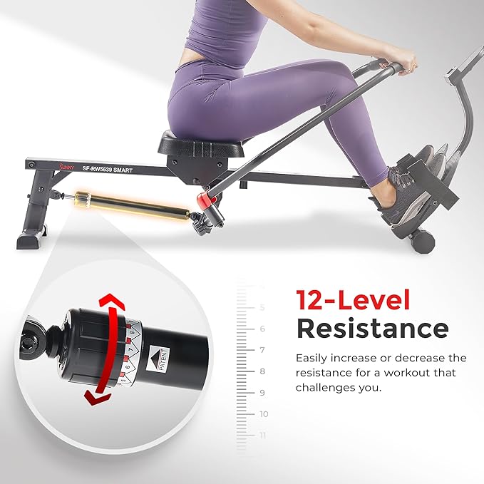 Sunny Health & Fitness Smart Full Motion Rower | 12 Resistance Levels, Dual-Arm Design, SunnyFit App Connectivity, 400 LB Capacity, Optional Back-Assist Core Trainer