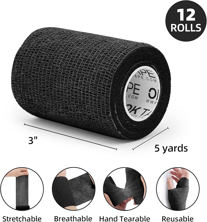 OK TAPE Self Adherent Cohesive Bandages Wrap 12Packs 3" x 5 Yards | Non-Woven Elastic for Thumb Finger Wrist Ankle Self Adhesive Bandage Wrap Breathable Vet Wrap Bandages Tape (Black)
