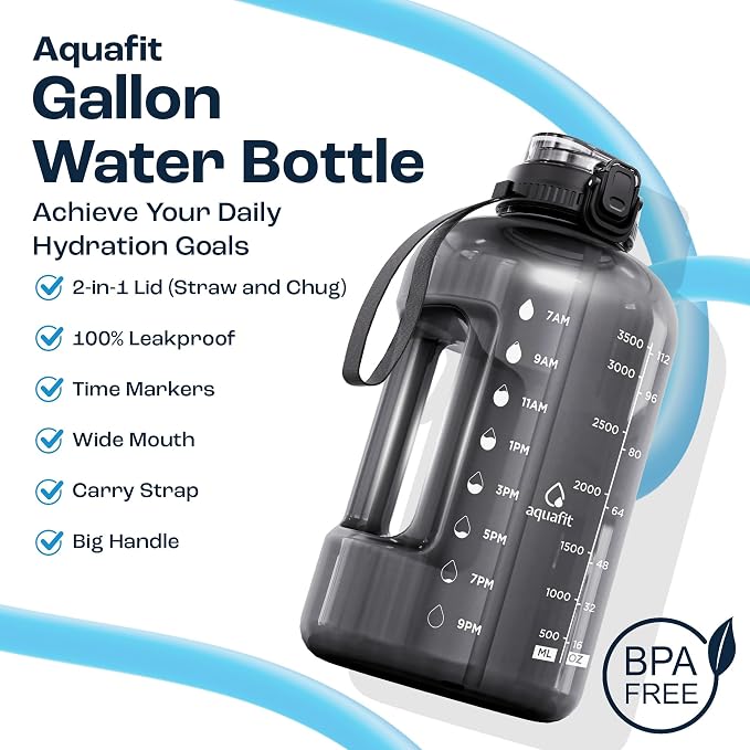 AQUAFIT 1 Gallon Water Bottle with Time Marker, 2in1 Lid | BPA Free 128 oz Water Bottle with 2in1 Straw and Chug Lid - Leakproof Gym Water Bottle with Carry Handle (B Ombre)