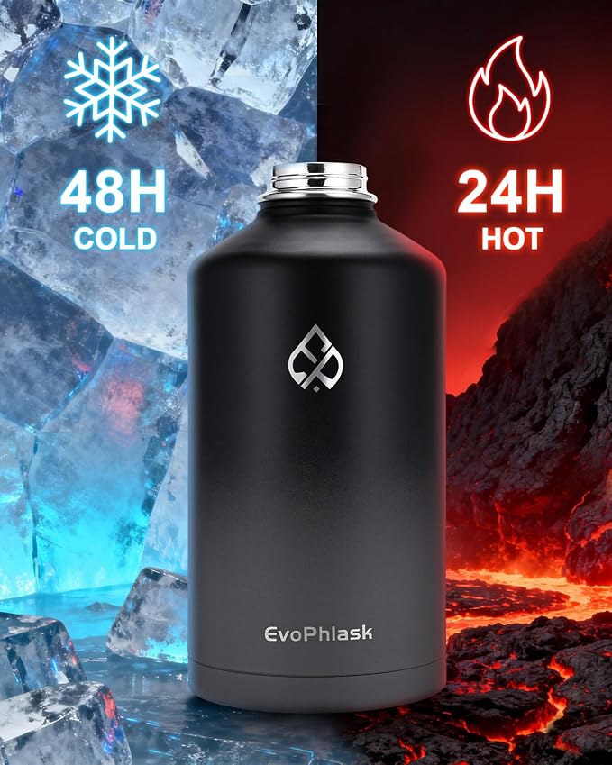 1 Gallon Water Bottle Insulated with Carrier Bag, Black/Gray | Stainless Steel, Vacuum Insulated Keep Cold 48 Hrs, 128 oz Large Gallon Water Jug, For Travel, Sport, Gym, Hiking