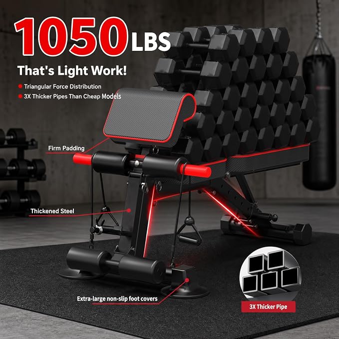 K KiNGKANG Adjustable Weight Bench, Foldable Home Gym, 1050lbs Capacity | Heavy-duty steel frame, 1050lbs max load, 8-level backrest adjustment, no assembly required, compact foldable design