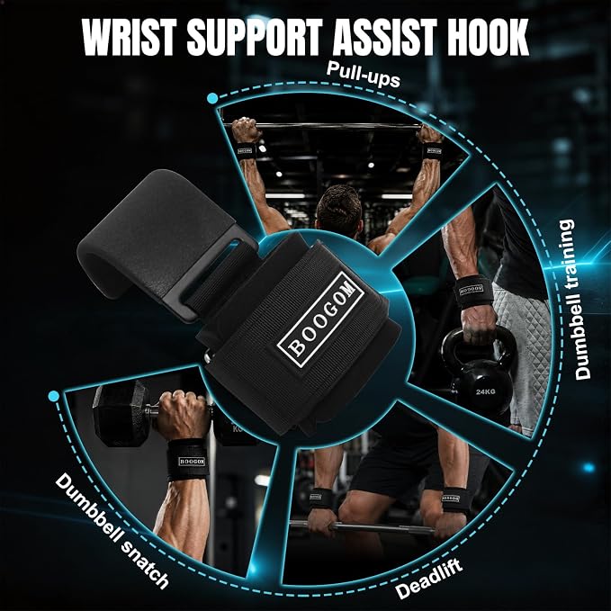 Weight Lifting Hooks (Pair) for Men & Women, Deadlifts & Pull Ups | Heavy-Duty Anti-Slip Steel Hooks, Adjustable Padded Wrist Support for Powerlifting Rows & Shrugs, Breathable Anti-Bacterial