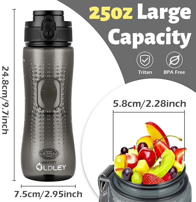 OLDLEY 25 oz Water Bottle, Motivational Water Bottle with Time Marker, Sports Water Bottle With Strap, Leakproof & BPA Free Large Water Bottles for School, Gym, Travel, Outdoor, Transparent Black