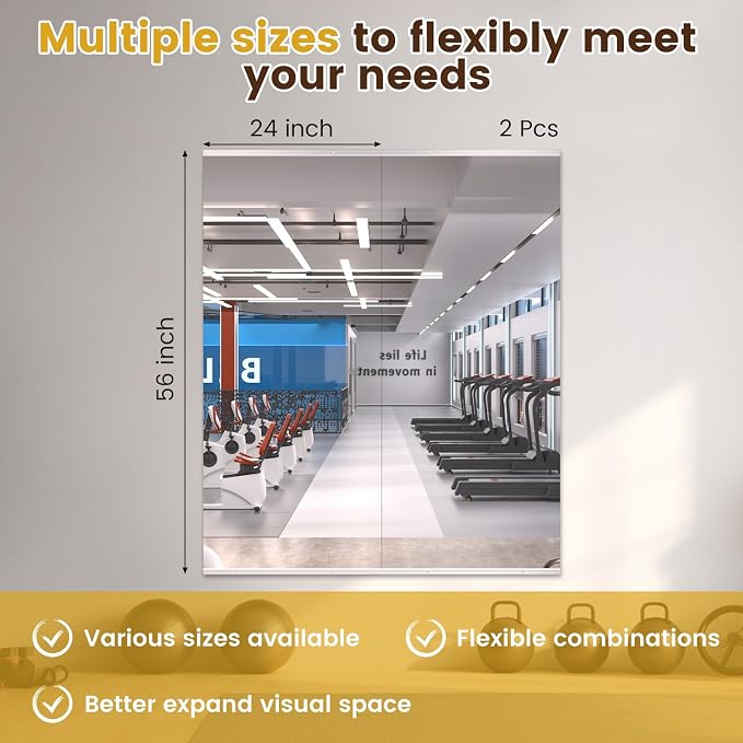 LOAAO Home Gym Mirror 56"x24", 2 PCS | Frameless, Tempered Glass, Large Workout Mirrors, For Home Gym, Dance Studio, Yoga Room, Garage Gym