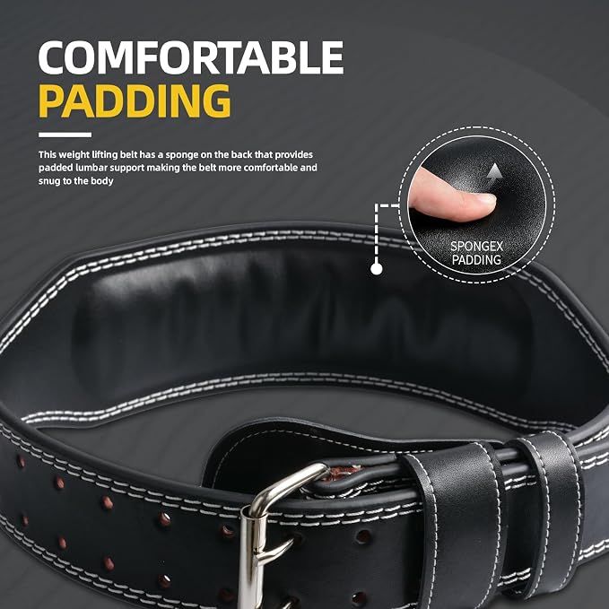 Genuine Leather Weight Lifting Belt, 4”& 6” Padded Lumbar Back Support, 10 Adjustable Holes, Gym Weight Belt Ideal for Deadlift, Powerlifting, Bodybuilding and Squat
