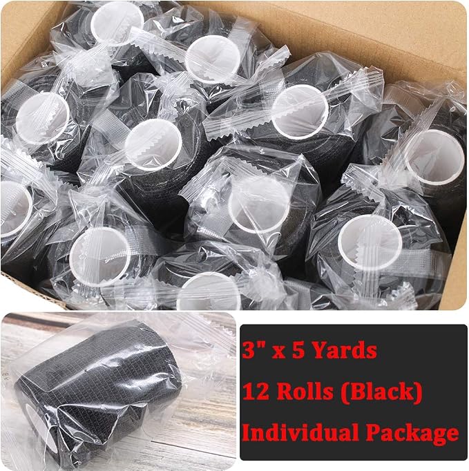 12 Rolls Elastic Self Adhesive Bandage Wrap 3 Inch, Breathable Non Woven Cohesive Bandage, Vet Wrap for Dogs, Ankle Sprains Swelling Tape, Sports Athletic Tape Black