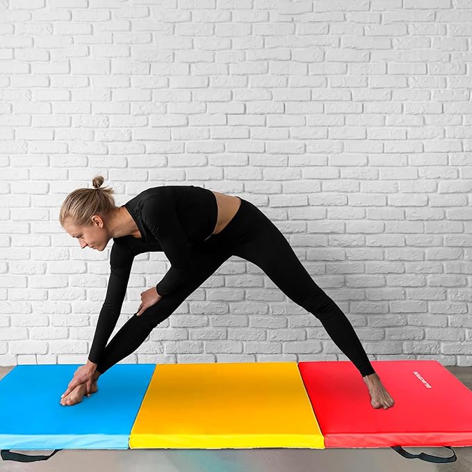 BalanceFrom 6x2 Feet 3-Panel Folding Gymnastics Mat – 1.5-Inch Thick Pad with Vinyl Surface and Carrying Handles for Tumbling, Yoga, Pilates, Home Workouts, and Martial Arts