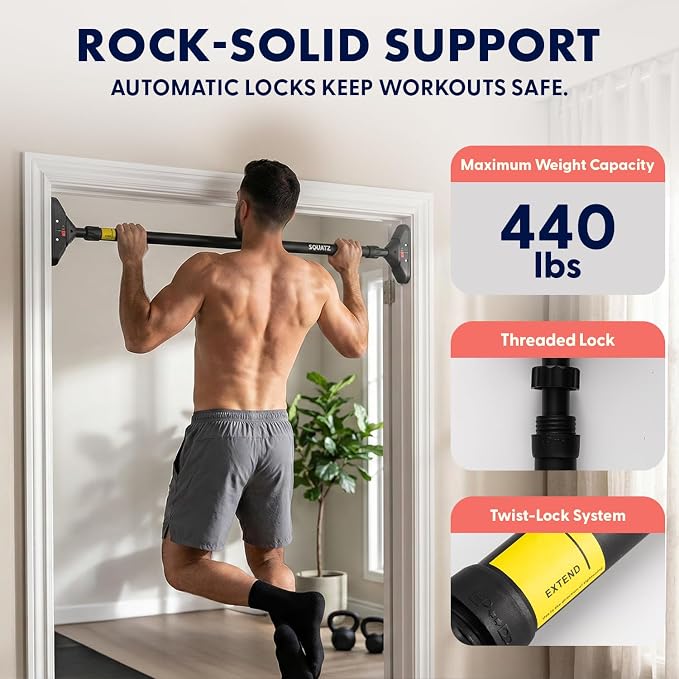 Squatz Doorway Pull Up Bar, Adjustable Door Frame Pull Up Bar with Level Meter, Locking Mechanism & Foam Grips, No Drill Chin Up Bar for Door Frame, Portable Design for Home Workouts