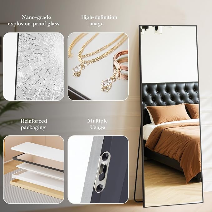 NEWBULIG Full Length Mirror, 59"x16" Full Body Standing Mirror, Black | Leaning or Standing, Tempered Glass, Aluminum Alloy Thin Frame Floor Stand for Bedroom, Cloakroom