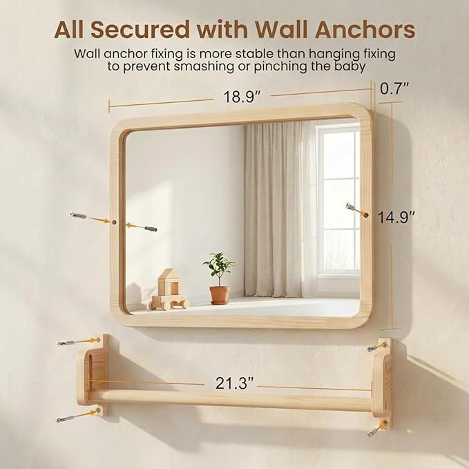 Woodtoe Montessori Mirror with Bar, Adjustable Baby Pull to Stand Toys 6M+ | Natural Solid Wood Frame & Baby Pull Up Bar, Infant Coordination Toddler Mirror, Developmental Toys for Baby 6-18 Months