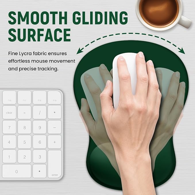 Ergonomic Mouse Pad with Wrist Rest, Gel Wrist Support, Dark Green | 10.2 x 7.6 in Mouse Pad with Smooth Fabric Surface and Non-Slip Rubber Base for Office, Home, Study, and Gaming