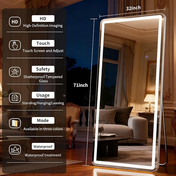 LED Full Length Mirror 32 x 71 Inch for Party Wedding | Floor Mirrors with Dimming &3 Color Lighting LED Mirrors Full Body with Stand for Bedroom Dressing Room Rect