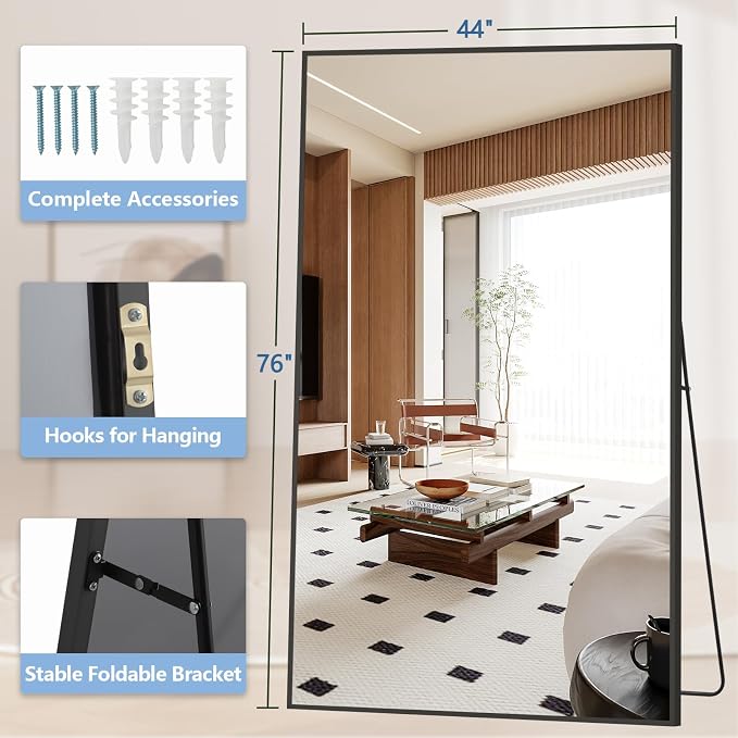 MirrMuse Oversized Standing Mirror Full Length, 76"X44" Extra with Stand | Hanging or Wall Mounted, Black, Large Full Body, for Gym Bedroom Living Room Clothing Store, Tempered Glass