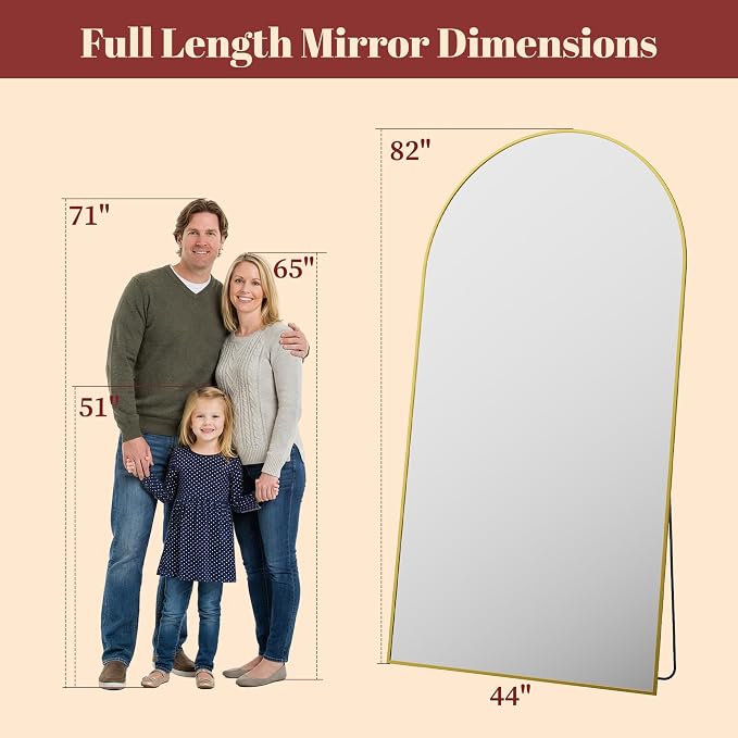 Suidia 82"x44" Arched Full Length Mirror with Stand, Full Body Mirror with Aluminum Frame, Freestanding/Leaning/Wall-Mounted, Floor Mirrors for Bedroom, Living Room, Entryway, Dressing Room, Gold