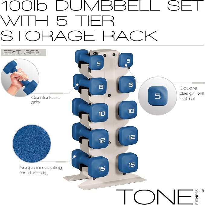 Tone Fitness Neoprene Dumbbell Set with Storage Rack – Non-Slip, Anti-Roll Hand Weights for Home Gym Workouts | 20 lb, 32 lb, 50 lb, 60 lb & 100 lb Options