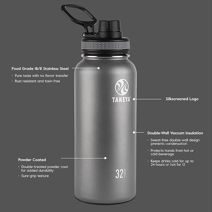 Takeya Originals 40 oz Vacuum Insulated Stainless Steel Water Bottle - Leakproof & BPA-Free Spout Lid - Keeps Drinks Cold 24 Hrs/Hot 12 Hrs - Double-Wall Design - Ideal for Active Lifestyles, White