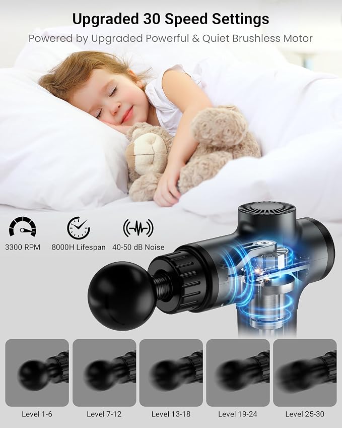 Massage Gun, Deep Tissue Percussion Massager 30 Speeds for Pain Relief | Handheld Electric Back & Neck Muscle Massager with 6 Massage Heads for Athletes, Men & Women (Gray)