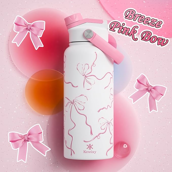 KEWIXY 32 oz Pink Water Bottle, 2-in-1 Lid, Straw & Spout with Protected, Leak Proof, Keep Cold, Stainless Steel, Metal, Reusable, Handle, for Travel, Gym and School, Breeze Pink Bow