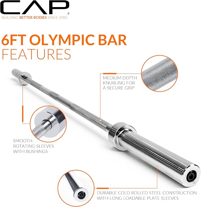 CAP Olympic Barbell - 5FT, 6FT, & 7FT Strength Training Weight Bars, Multiple Options
