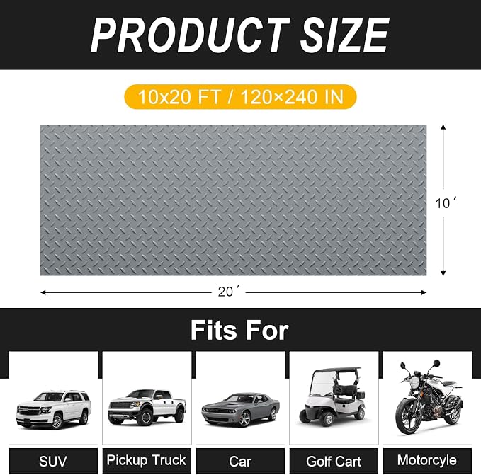 10x20 FT Garage Floor Mat, 2.8mm Thickened Flooring Roll for Under Car Diamond Plate PVC Rubber Mat with 20 Pcs Tapes, Non-Slip Floor Mat for Garage, Warehouse, Gyms, Trailer, Gray