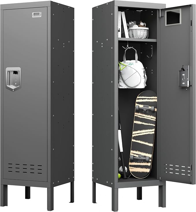 BUTISOW Metal Storage Locker with Lock & Card Slot Locker - Secure Lockable Door - Steel Locker for School, Office, Gym, Home - 54" H x 15" W x 15" D（1 Door, Grey）