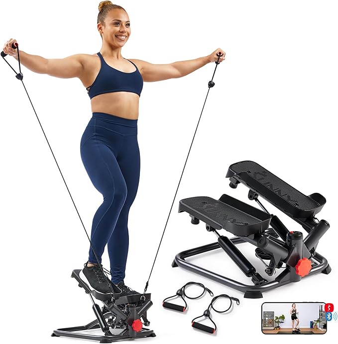 Sunny Health & Fitness Twist Stair Stepper with Resistance Bands | Low-Impact, Side-Twist Motion, Adjustable Step Height, Hydraulic Resistance, SunnyFit App, Up to 350 lb Capacity