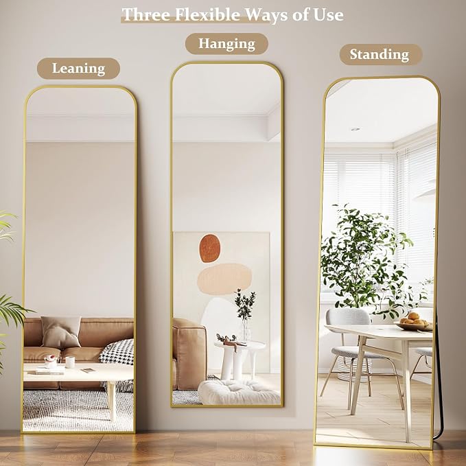 Full Length Mirror 56"x21" Arched Floor Standing Large Mirrors | Full Body Mirror with Stand - with Aluminum Frame for Bedroom Living Room, Gold