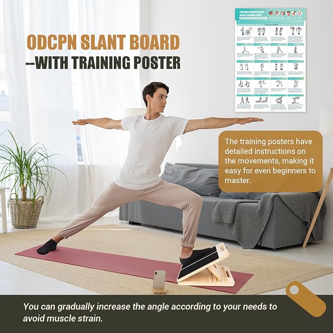 Wooden Slant Board for Calf Stretching, Portable Adjustable Calf Stretch Board with Training Poster & Resistance Bands, 300lb Weight Capacity Calf Ankle Achilles Physical Therapy Leg Exercisers