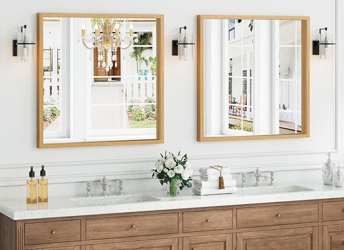 Syndra Square Natural Wood Frame Bathroom Mirror, 32''x32'' Modern Vanity Mirror for Wall, Waterproof Slim Deep Frame, HD Tempered Glass Mirror for Living Room, Bedroom, Entryway, Rustic, Farmhouse
