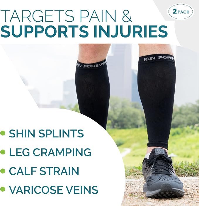 Run Forever Calf Compression Sleeve for Men & Women, 20-30mmHg Compression | Leg Sleeve for Shin Splints, Varicose Veins, Swelling & Pain Relief | Footless socks for Running, Cycling & Travel