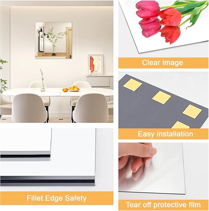 20x20 in Acrylic Mirror Sheet for Wall, 2.5mm Plastic Wall Mirror | Non Glass Body Mirror Tile with Adhesive Tapes, Modern Decorative Square Wall Mirror for Bathroom Bedroom Home Gym Door Decor