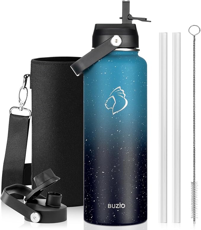 BUZIO Triple Wall Vacuum Water Bottle with Dust-Proof Straw & Spout Lids | 40 oz Insulated Stainless Steel Water Flask (Cold for 48 Hrs/Hot for 24 Hrs), Dishwasher Safe, Leakproof, Non-BPA, for Hiking