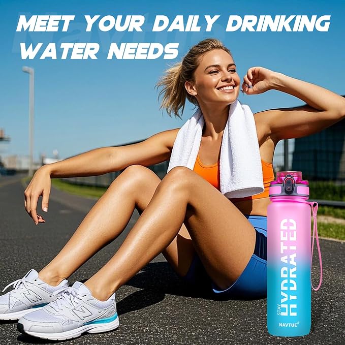 Water Bottle 32 oz Motivational Time Marker Tritan Bottle | BPA-free Tritan water bottle with time marker leakproof Lightweight portable Easy Clean Brush for Gym, Travel, School, Office