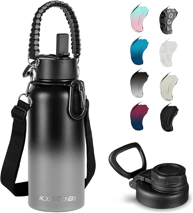 KXIAOCHEN Insulated Water Bottle with Strap, 48-Hour Cold, 2 Lids | Triple-wall insulation, lead-free 18/8 Stainless steel, paracord handle, carabiner clip, for gym, hiking, camping and travel