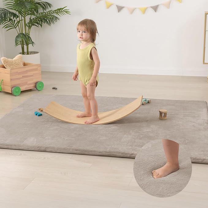 Huloo Sleep Baby Play Mat for Floor,1.3" Thick Elasti-Foam 50"×74" Playpen Mat for Tummy Time,Water Repellent Soft Coral Velvet for Toddler,Infant,Kids,Non-Slip Backing Safe for Crawling(Beige)