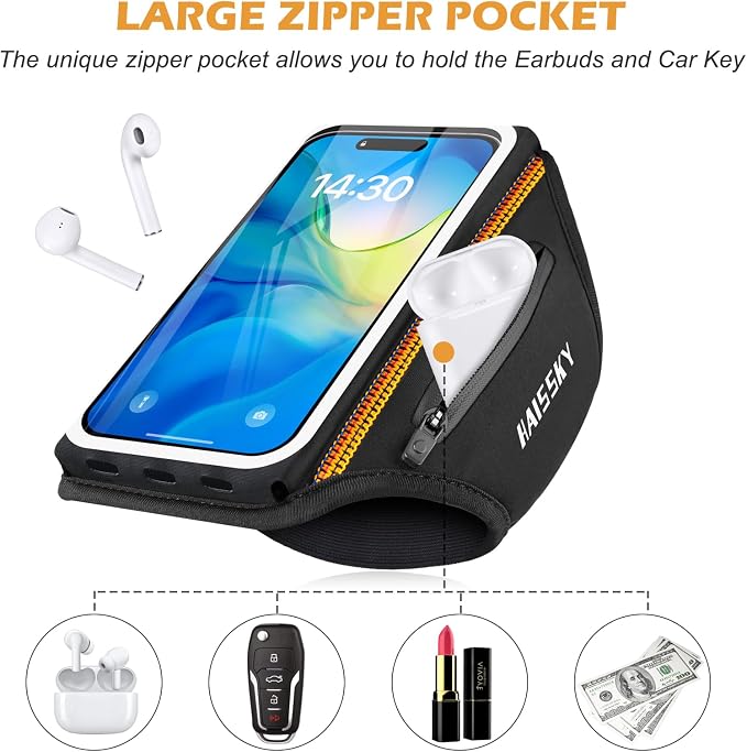 Running Armband with Earphone Bag, 6.9" Phone Holder for iPhone Samsung | Zipper Pocket for Keys & Earphones, TPU Touchscreen & Water-Resistant, 3D Design Phone Armband, Stretchy Fits Arm 13"-16.5"