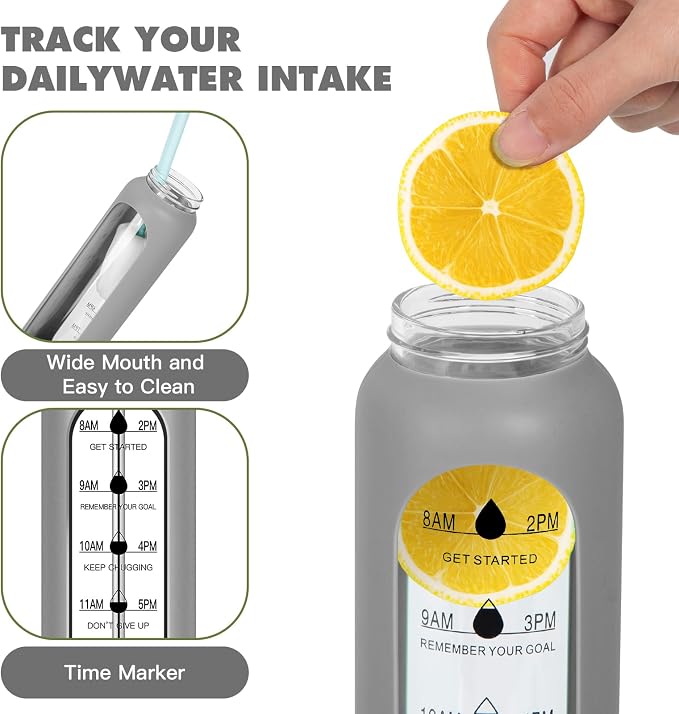 32oz Glass Water Bottle with Time Marker, 2 Lids-Handle Spout Lid & Bamboo Straw Lid, 1 Liter Motivational Borosilicate Water Bottle for Gym, Office, Travel (Gray)