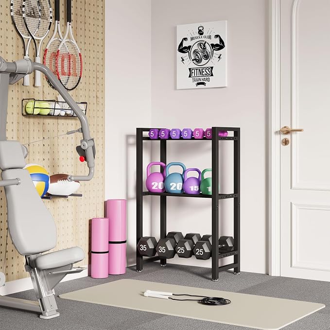 IBUYKE 2 Tier | 3 Tier Dumbbell Rack, Adjustable Weight Rack for Home Gym, Space-Saving Heavy-Duty 300LB | 450LB Capacity Weight Storage Racks for Kettlebells, Dumbbells Equipment Storage, Rack Stand Only