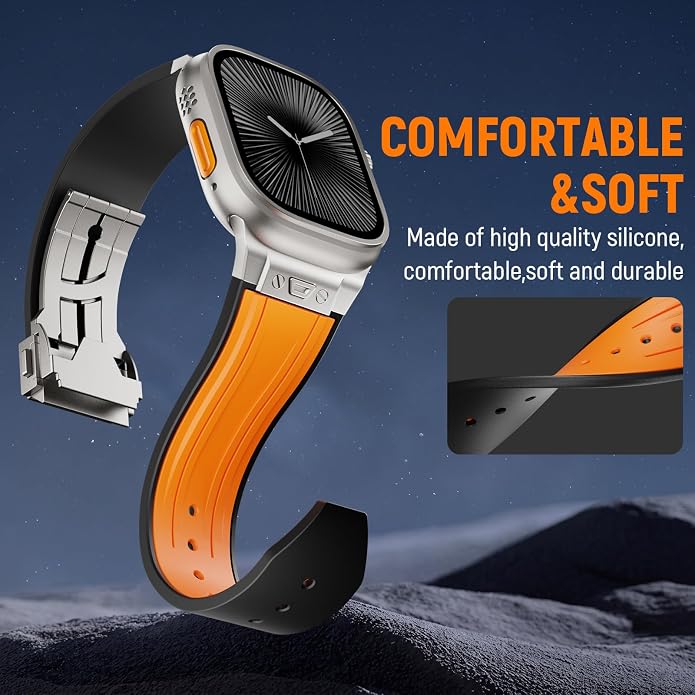Luxury Watch Band for Apple Watch Ultra 2/Ultra 49-42mm | Metal Connector & Folding Clasp,316L Stainless Steel,Men Silicone Strap Compatible with iWatch Series 10 9 8 7 6 5 4 3 2 1 SE