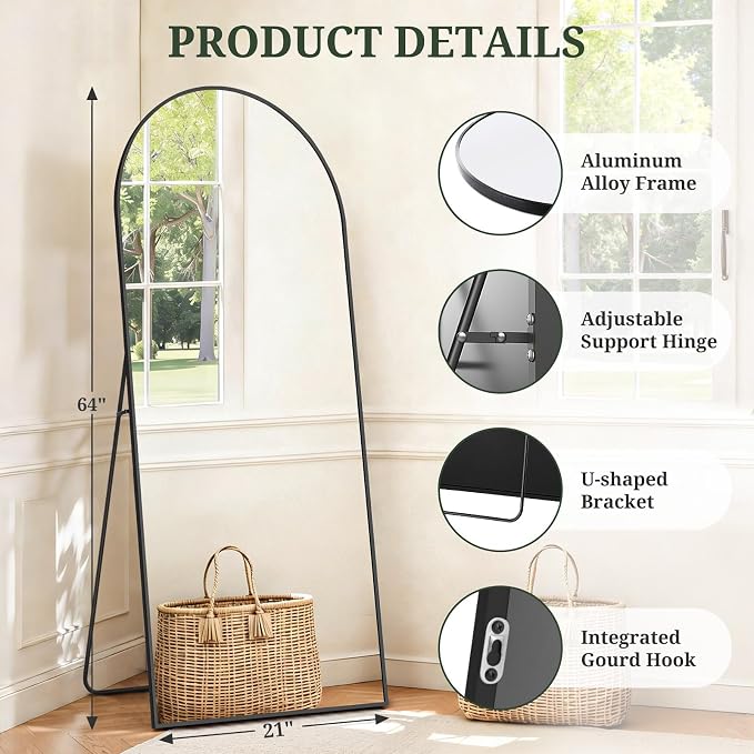 Mirror Full Length 64"x21", Arched Full Body Floor Mirrors with Stand | Shatterproof Glass, Aluminum Alloy Frame, Free Standing, Wall Mounted or Leaning for Bedroom Living Room Entryway