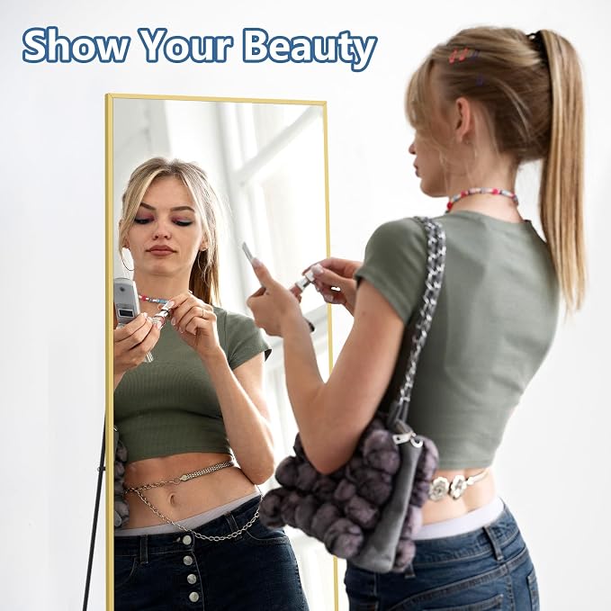 MirrMuse 56"x18" Full Length Mirror, Gold Floor Mirror with Stand | Rectangular, Slim Aluminum Frame, Tempered Glass, for Living Room Bedroom Cloakroom Dorm, Hanging or Leaning Against Wall