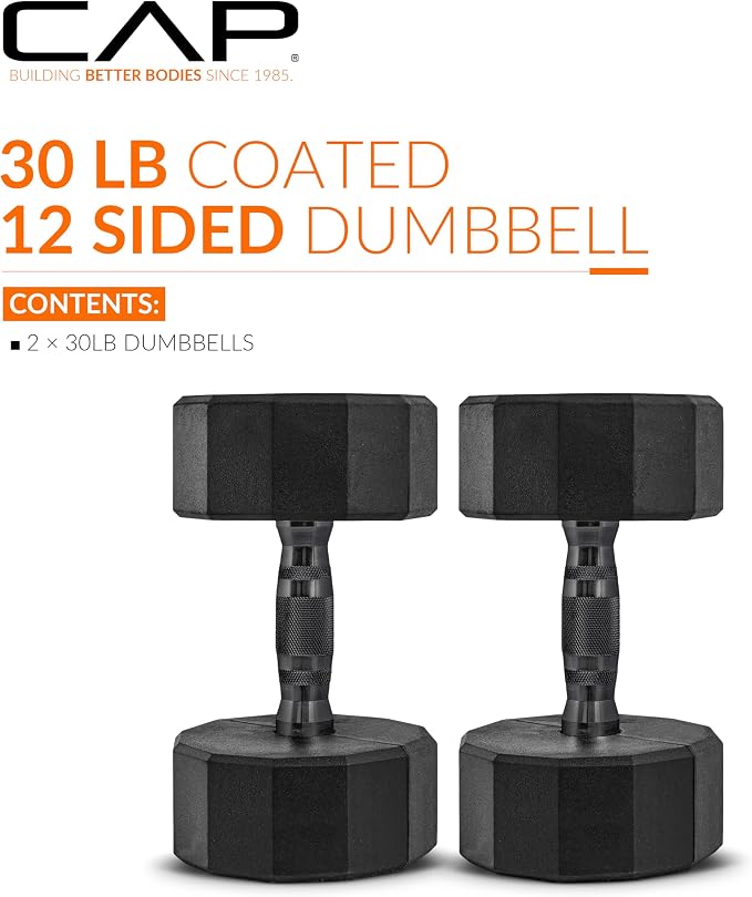 CAP Rubber Coated Dumbbell Weights, Free Weights for Home Gym Strength Training, Anti-Roll Hex Dumbbells with Black, Chrome & Comfort Grip Handles, Pairs & Sets