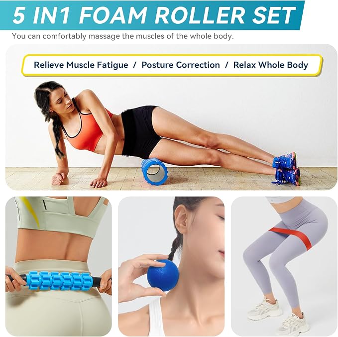 Krightlink 5 in1 Foam Roller Set High Density Foam Roller Muscle Recovery | Deep Tissue Muscle Massage Foam Roller for Exercise, Massage Roller, Massage Ball, Stretching Strap, for Whole Body Blue