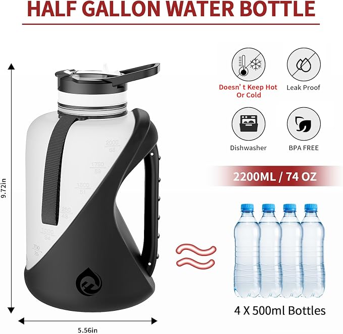 2 Liter Water Bottles ，Bpa-Free Plastic Water Bottle,Leakproof，Dishwasher Safe Design，Big Water Bottle with No-Slip Handle for Gym，Sports，Outdoor