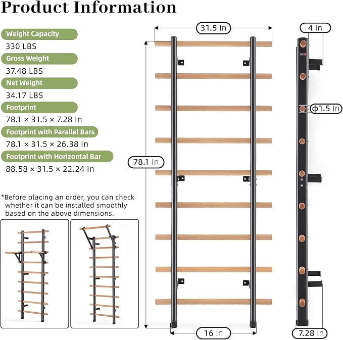 DHT Wood Stall Bar, Swedish Ladder Suspension Trainer with 9 Strategic Rods, for Home, Gym, School and Clinics, Black