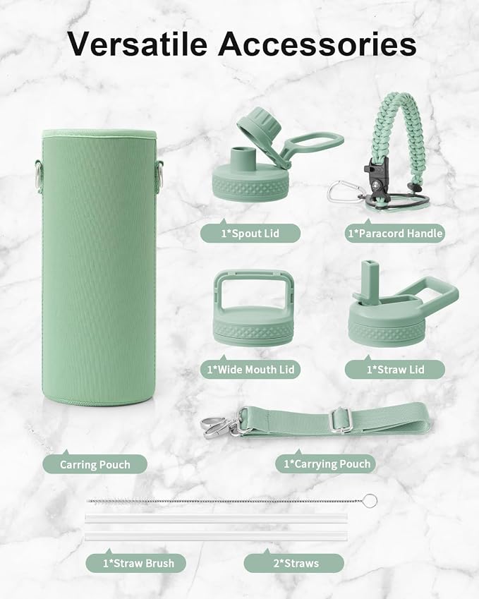 Trebo Water Bottle Insulated 40 oz with 3 Lids, Paracord Handle & Sleeve | Stainless Steel Flask Vacuum, Triple Wall Copper Plated, Dishwasher Safe, Keeps Cold 48Hrs for Hiking, Gym, Wide Mouth