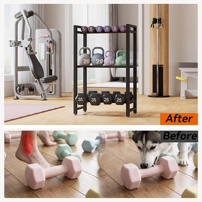 IBUYKE 2 Tier | 3 Tier Dumbbell Rack, Adjustable Weight Rack for Home Gym, Space-Saving Heavy-Duty 300LB | 450LB Capacity Weight Storage Racks for Kettlebells, Dumbbells Equipment Storage, Rack Stand Only