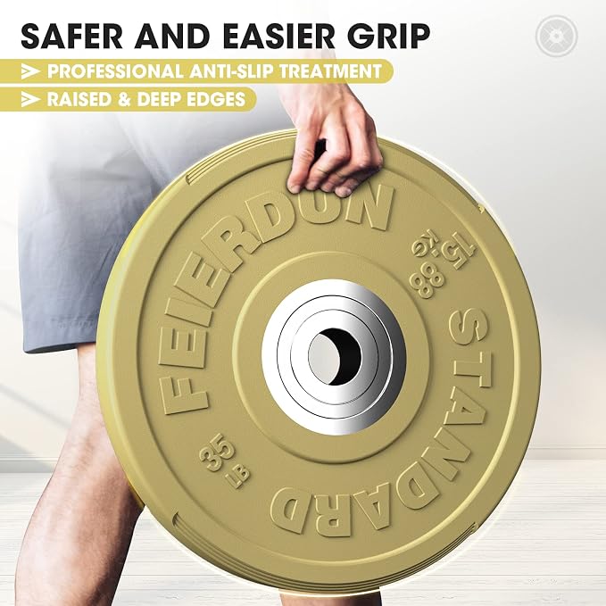 FEIERDUN Color Bumper Plate Set, 2-Inch Olympic Weight Plates, Low Bounce Rubber Barbell Plates with Stainless Steel Insert for Weightlifting, Strength Training, CrossFit & Home Gym, 10LB-370LB