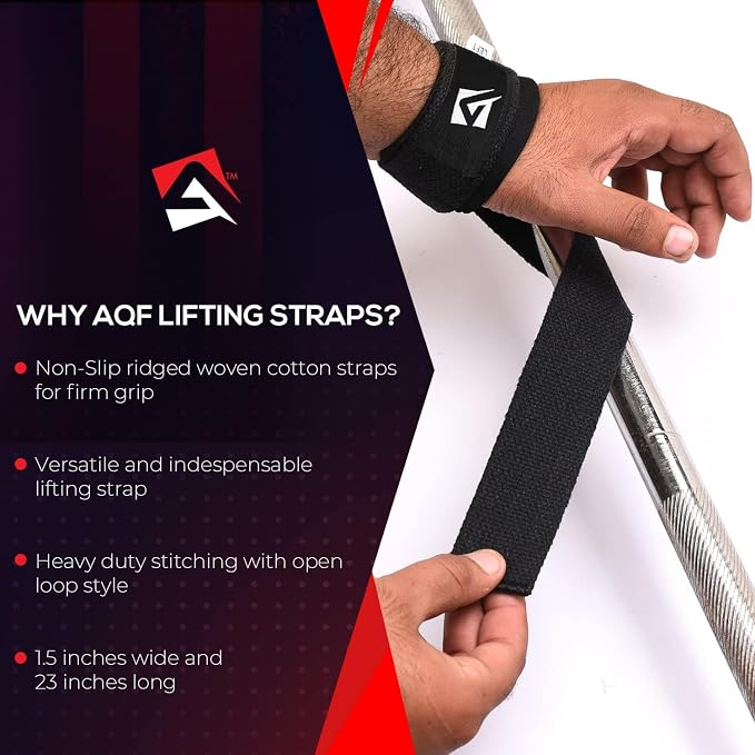 AQF Weight Lifting Straps, Padded Cotton Gym Wrist Straps for Deadlifts | 23" Extra-Long, Heavy-Duty Webbing, 5mm Neoprene Cushioning, Open-Loop Design, Sold as Pair, Ideal for Rows & Pull Workout
